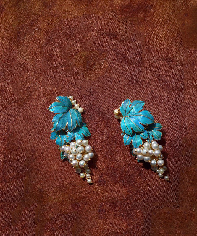 Chic Blue Sterling Silver Overgild Grape Drip Glaze Stud Earrings