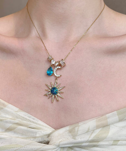 Chic Blue Sun Moon Zircon Alloy Pendant Necklace