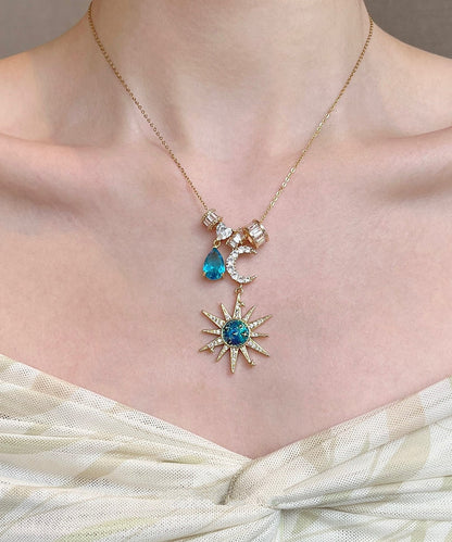 Chic Blue Sun Moon Zircon Alloy Pendant Necklace