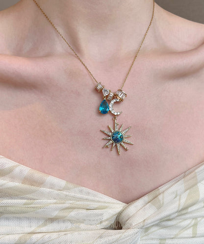Chic Blue Sun Moon Zircon Alloy Pendant Necklace