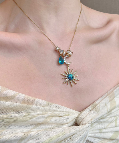 Chic Blue Sun Moon Zircon Alloy Pendant Necklace