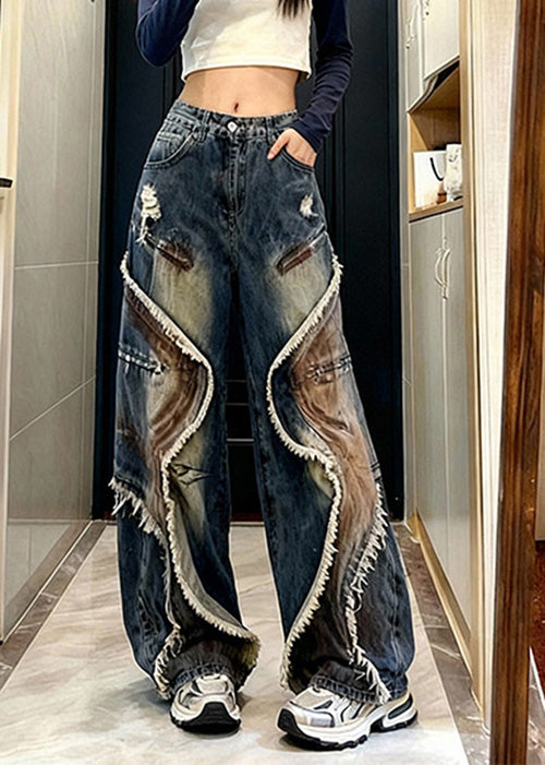 Chic Blue Tasseled Pockets Patchwork Denim Wide Leg Pants Spring