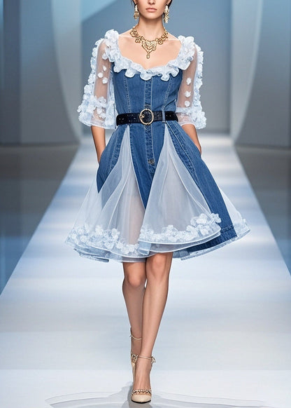 Chic Blue Tulle Ruffled Floral Denim Mid Dress Summer
