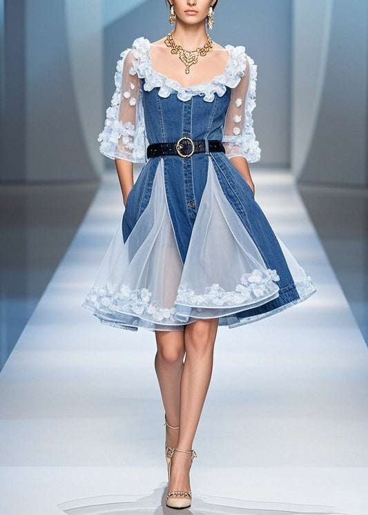 Chic Blue Tulle Ruffled Floral Denim Mid Dress Summer