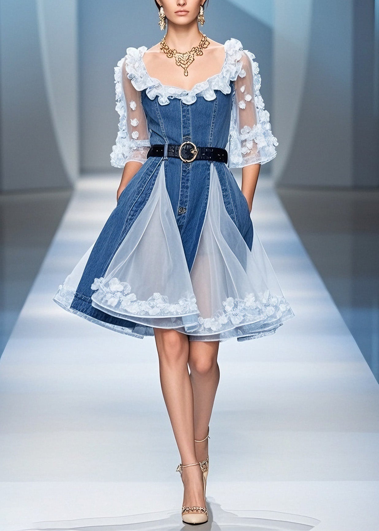 Chic Blue Tulle Ruffled Floral Denim Mid Dress Summer