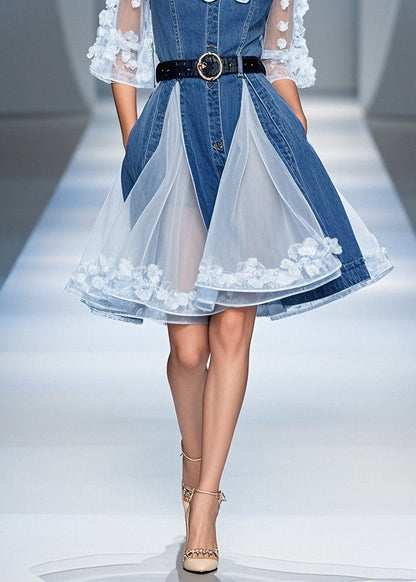 Chic Blue Tulle Ruffled Floral Denim Mid Dress Summer