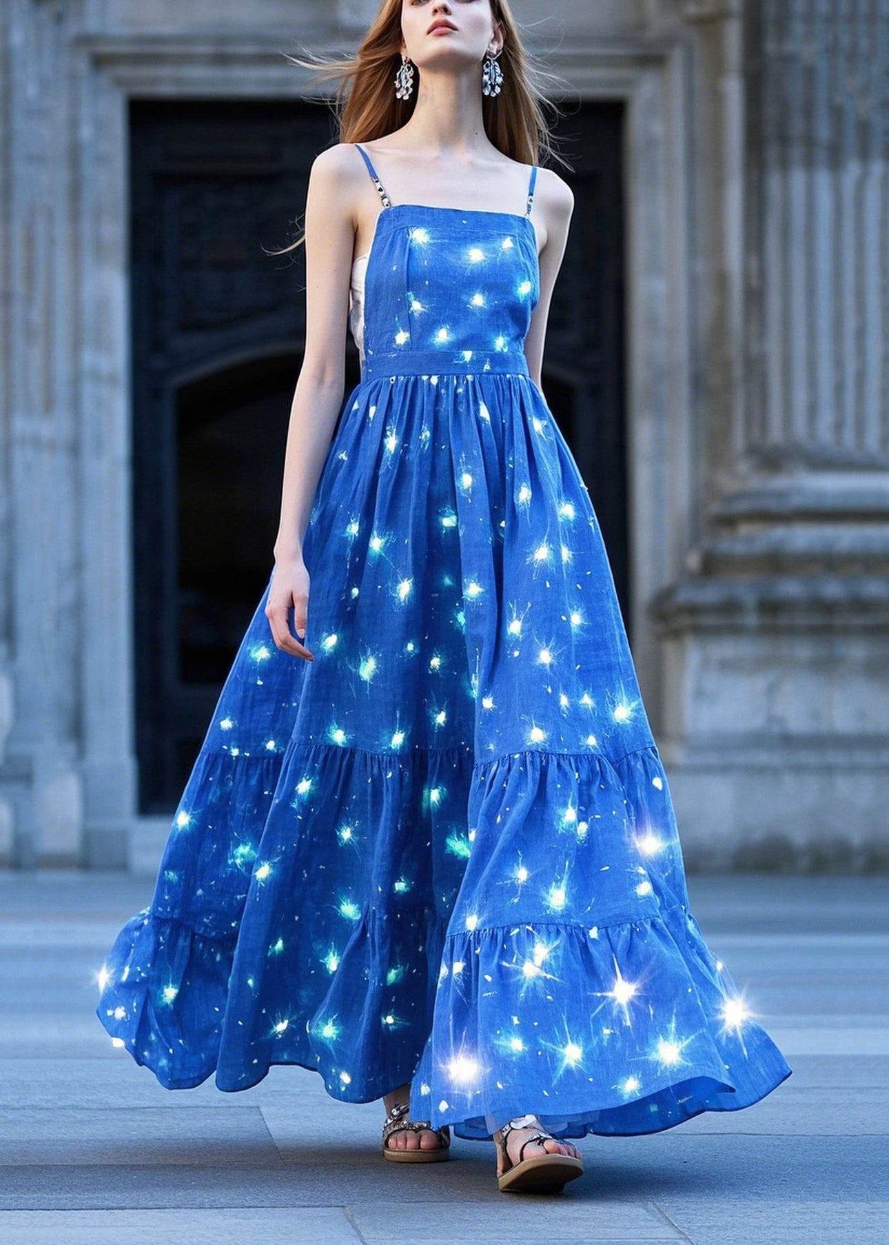 Chic Blue Twinkling Star Print Exra Large Hem Cami Dress Summer