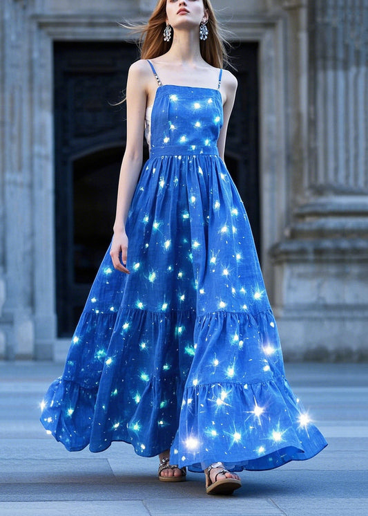 Chic Blue Twinkling Star Print Exra Large Hem Cami Dress Summer
