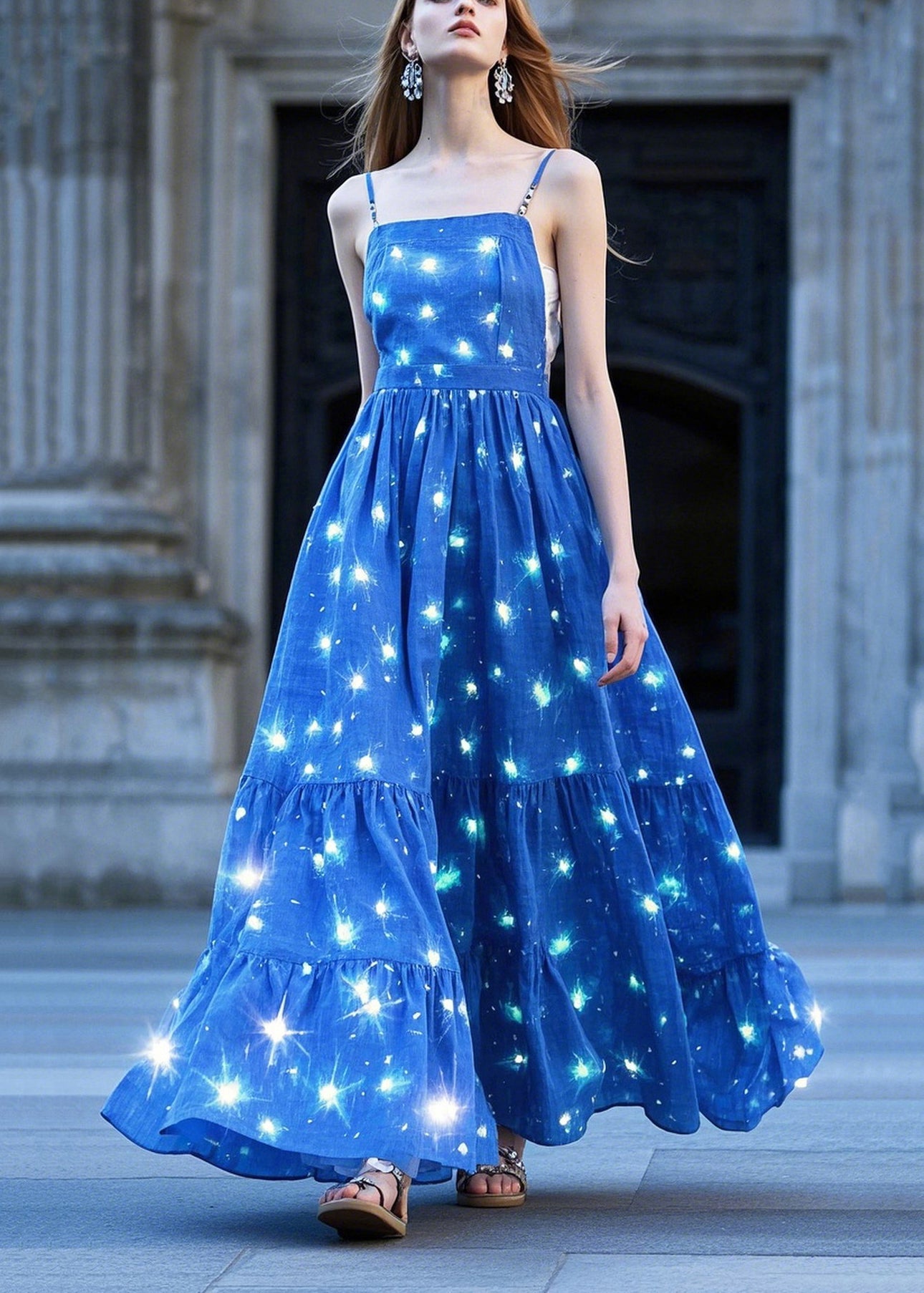 Chic Blue Twinkling Star Print Exra Large Hem Cami Dress Summer