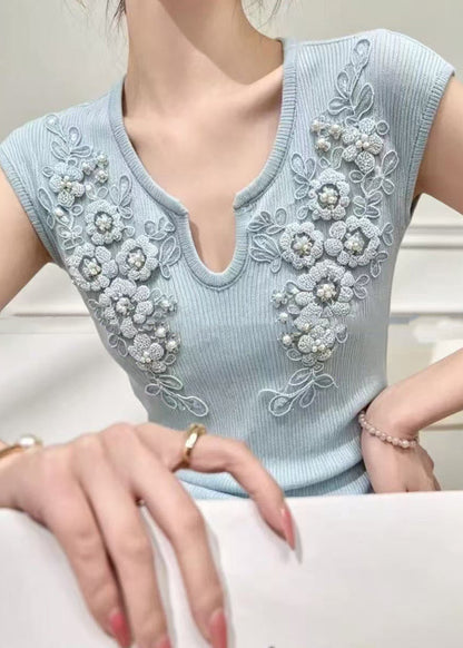 Chic Blue V Neck Floral Nail Bead Knit Top Summer