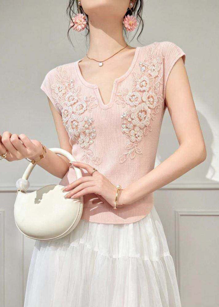 Chic Blue V Neck Floral Nail Bead Knit Top Summer