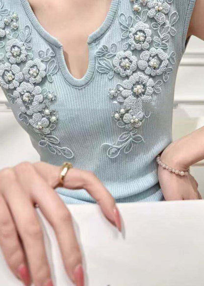 Chic Blue V Neck Floral Nail Bead Knit Top Summer