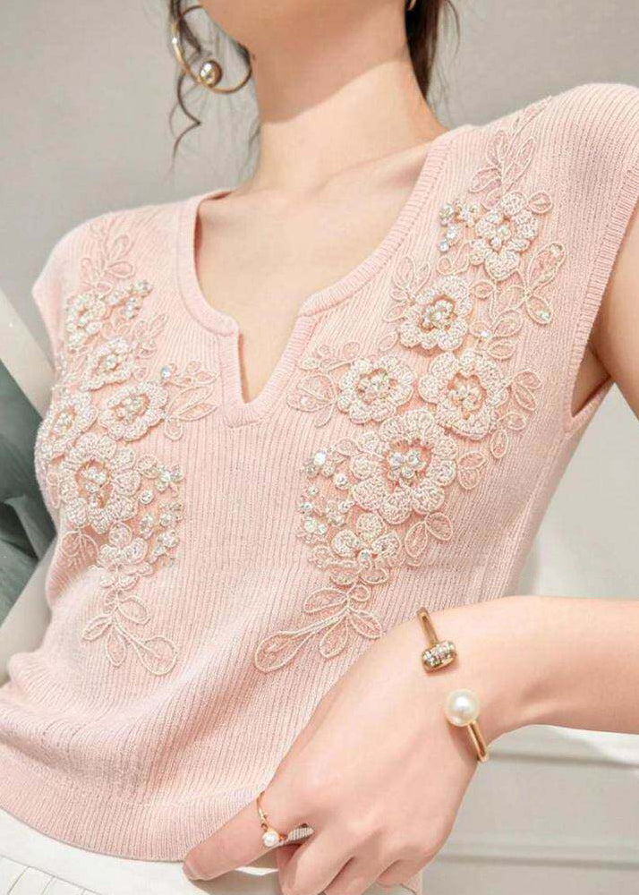 Chic Blue V Neck Floral Nail Bead Knit Top Summer