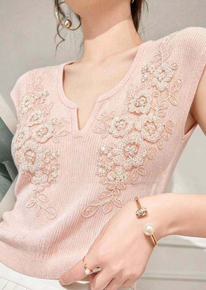 Chic Blue V Neck Floral Nail Bead Knit Top Summer