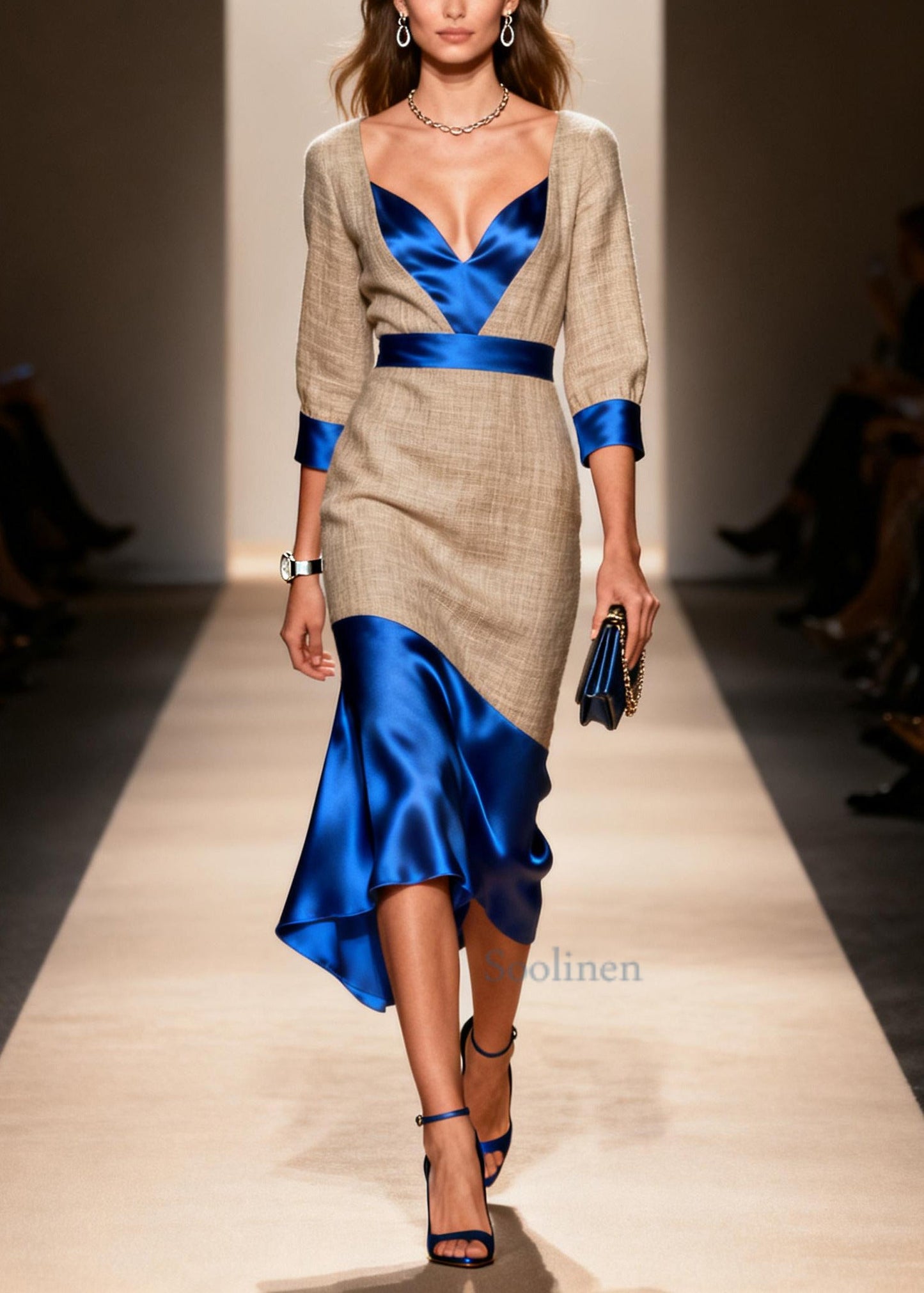 Chic Blue V Neck Patchwork Linen Silk Party Dress Summer
