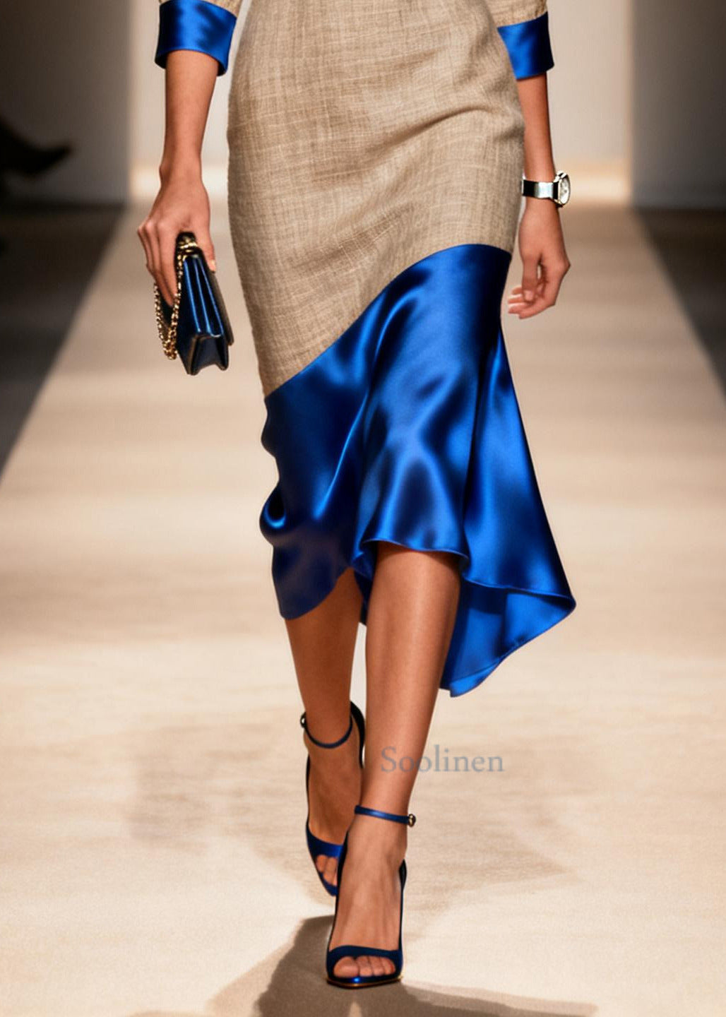 Chic Blue V Neck Patchwork Linen Silk Party Dress Summer