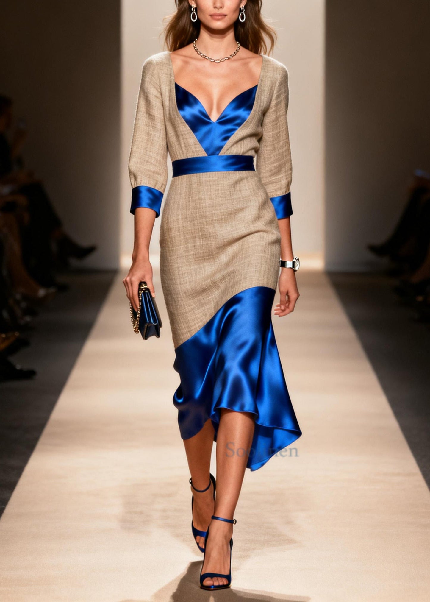 Chic Blue V Neck Patchwork Linen Silk Party Dress Summer