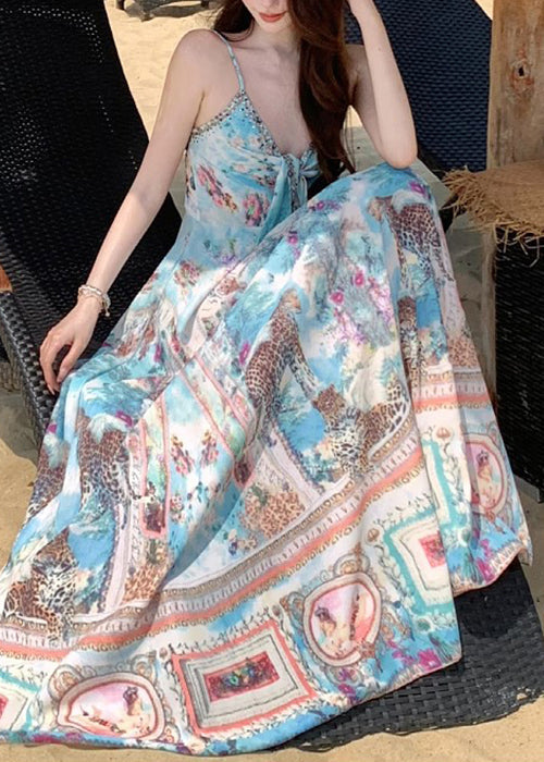 Chic Blue V Neck Print Cotton Spaghetti Strap Dress Sleeveless
