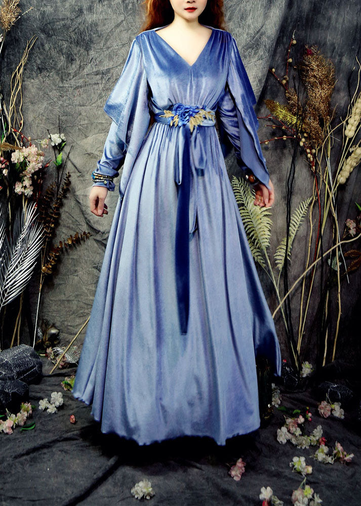 Chic Blau V-ausschnitt Rüschen Fliege Taille Seide Party Kleid Frühling