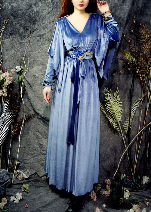 Chic Blau V-ausschnitt Rüschen Fliege Taille Seide Party Kleid Frühling