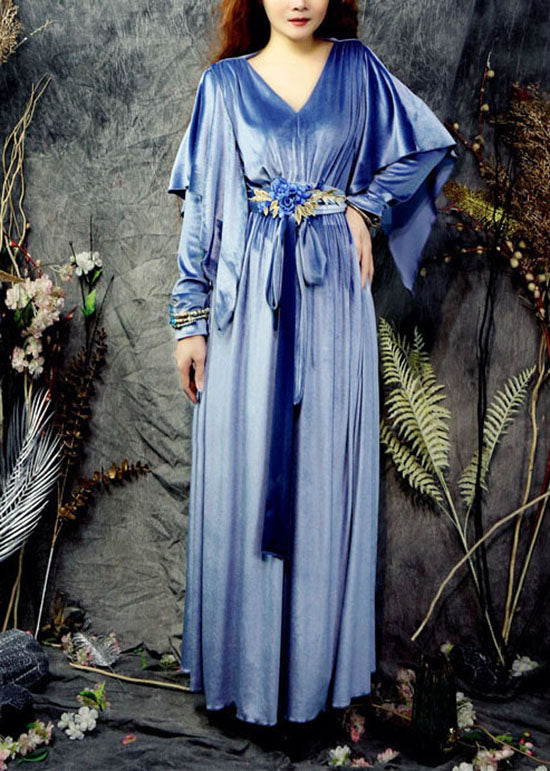 Chic Blau V-ausschnitt Rüschen Fliege Taille Seide Party Kleid Frühling