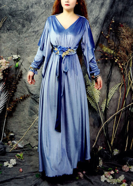 Chic Blau V-ausschnitt Rüschen Fliege Taille Seide Party Kleid Frühling