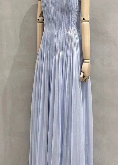 Chic Blue V Neck Wrinkled Cotton Spaghetti Strap Dress Summer