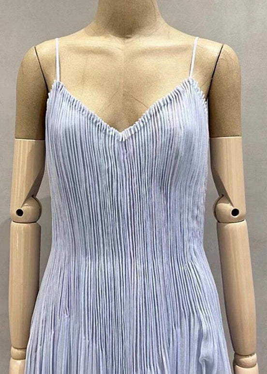 Chic Blue V Neck Wrinkled Cotton Spaghetti Strap Dress Summer