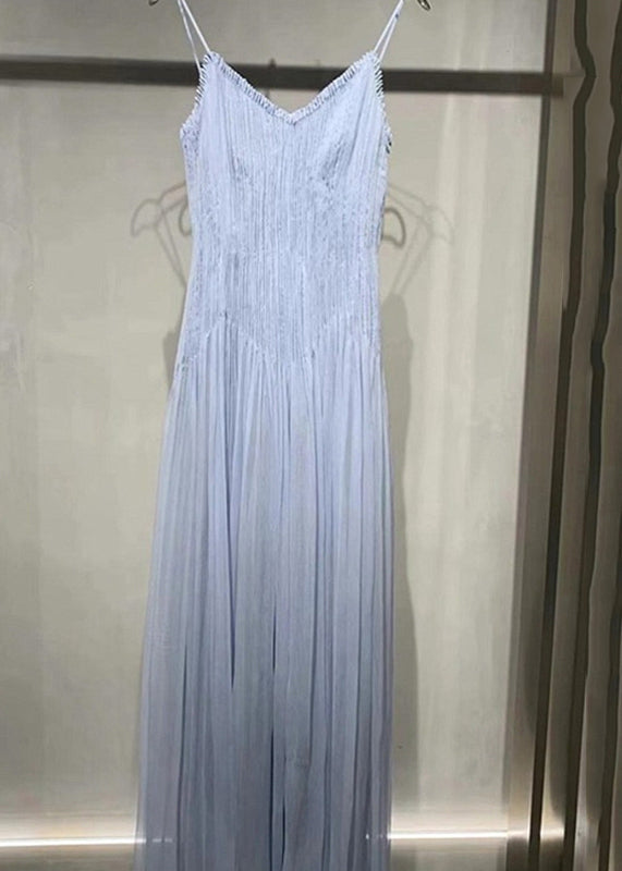 Chic Blue V Neck Wrinkled Cotton Spaghetti Strap Dress Summer