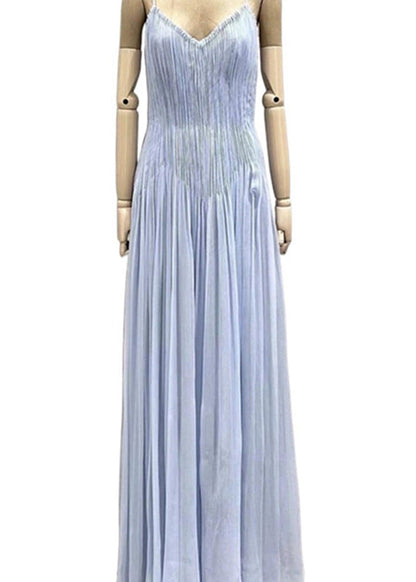 Chic Blue V Neck Wrinkled Cotton Spaghetti Strap Dress Summer