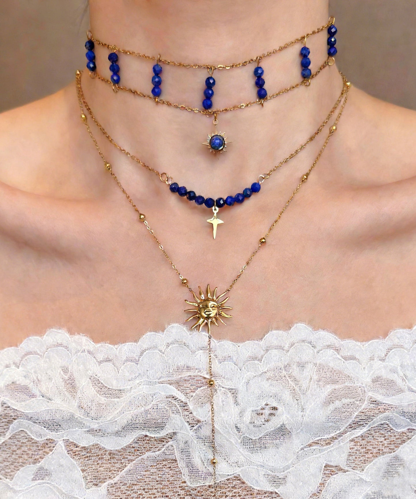 Chic Blue Wenshixing Solar Tassel Layering Alloy Three Piece Set Pendant Necklace