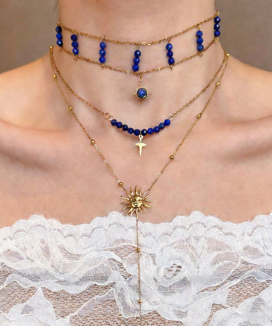 Chic Blue Wenshixing Solar Tassel Layering Alloy Three Piece Set Pendant Necklace