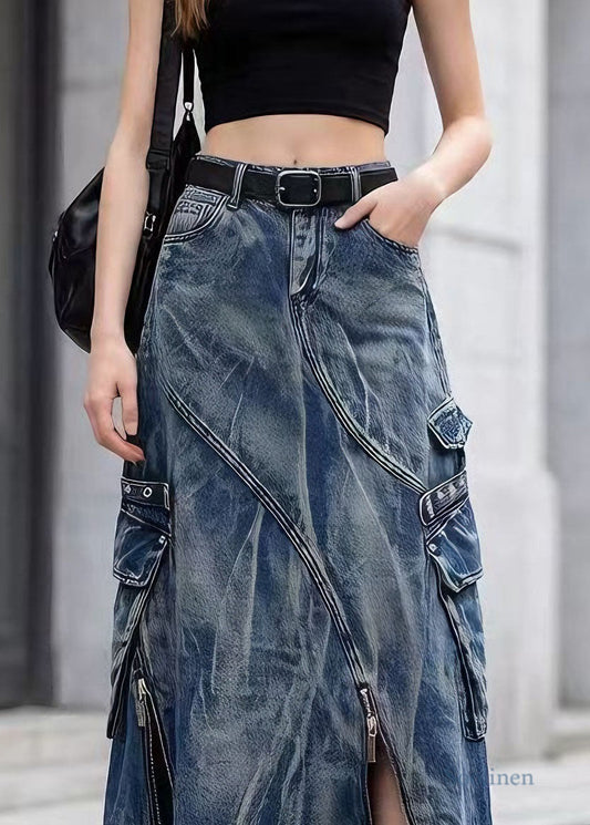 Chic Blue Zip Up Pockets Tie Dye Denim Skirts Spring