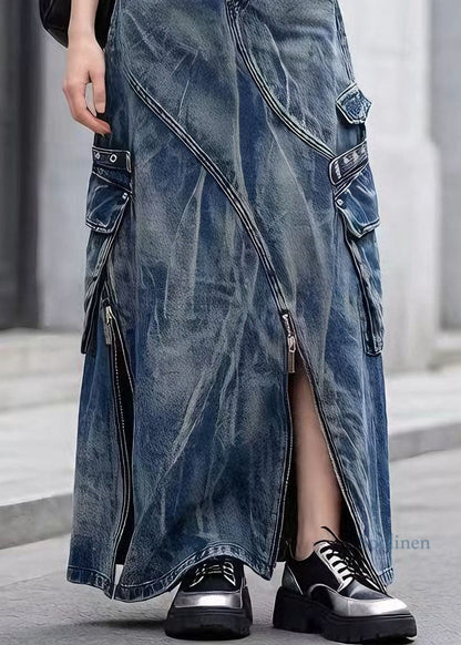 Chic Blue Zip Up Pockets Tie Dye Denim Skirts Spring