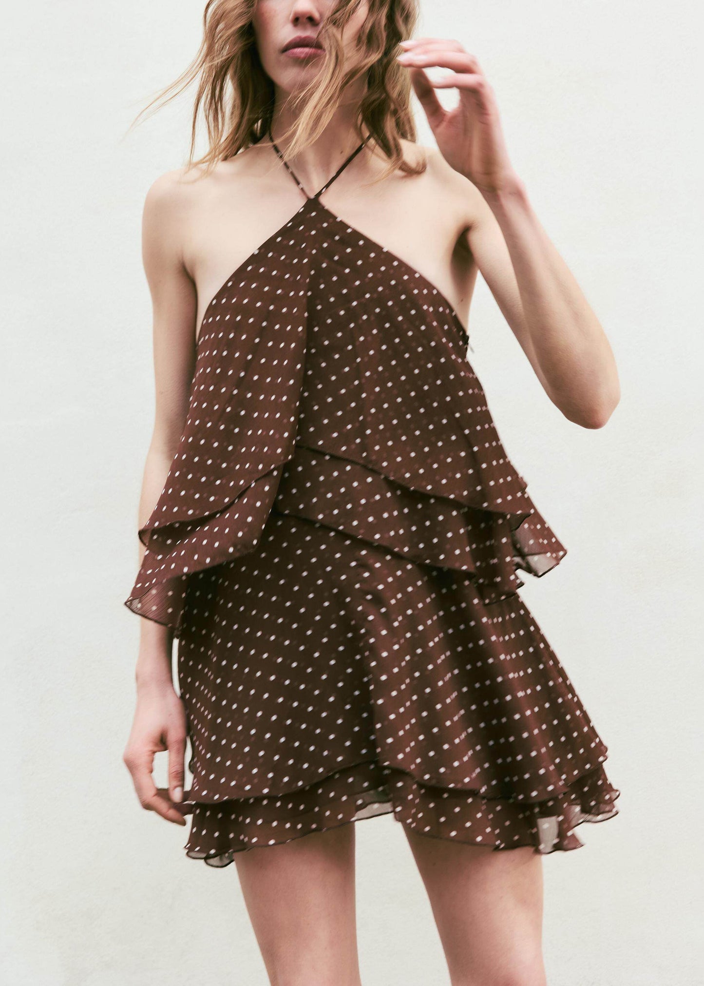 Chic Brown Dot Halter Layered Chiffon Mini Dress Summer