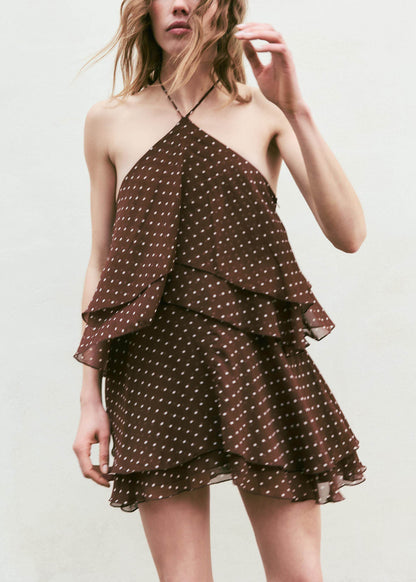 Chic Brown Dot Halter Layered Chiffon Mini Dress Summer
