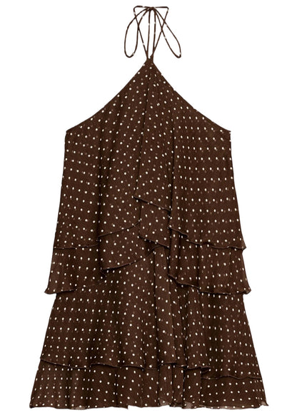 Chic Brown Dot Halter Layered Chiffon Mini Dress Summer