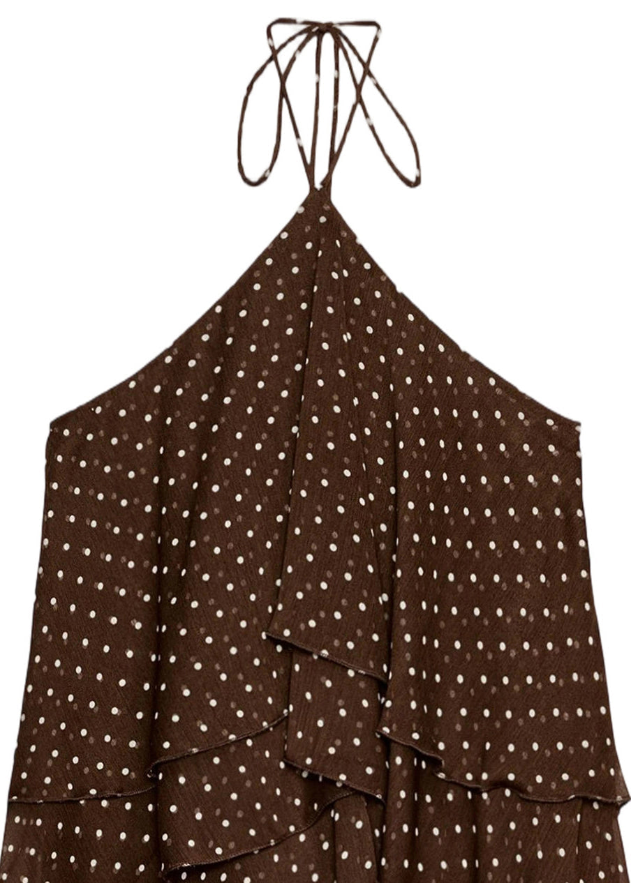 Chic Brown Dot Halter Layered Chiffon Mini Dress Summer
