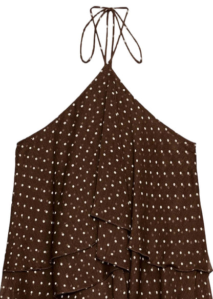 Chic Brown Dot Halter Layered Chiffon Mini Dress Summer