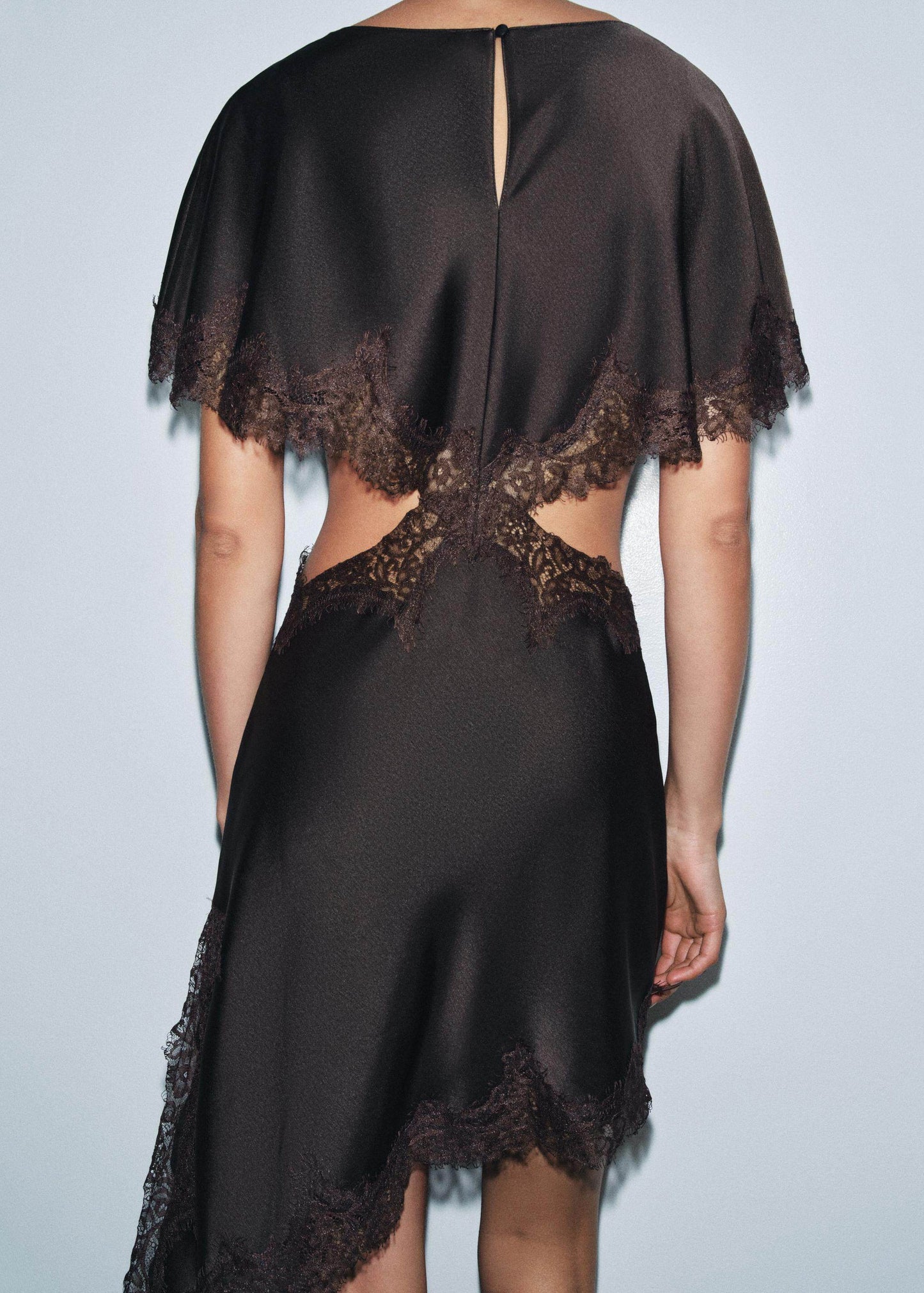 Chic Brown Hollow Out Lace Patchwork Silk Dresses Summer