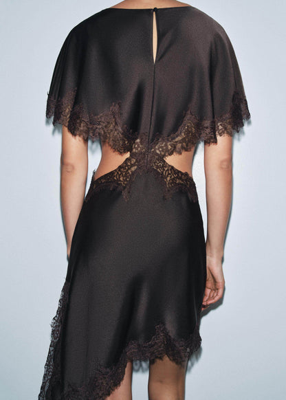 Chic Brown Hollow Out Lace Patchwork Silk Dresses Summer
