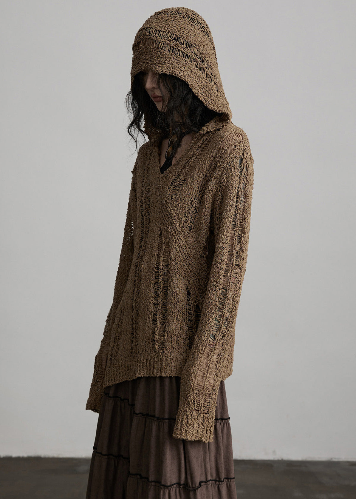 Chic Brown Hooded Hollow Out Knit Loose Pullover Spring