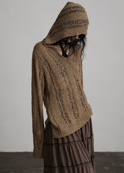 Chic Brown Hooded Hollow Out Knit Loose Pullover Spring