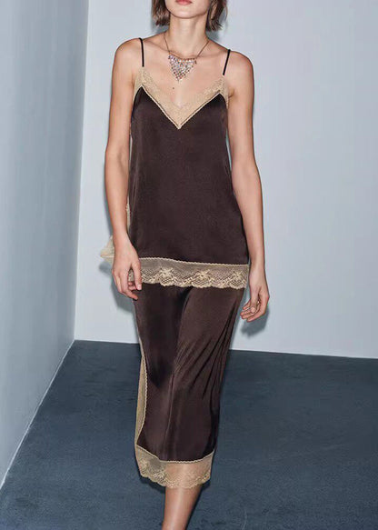 Chic Brown Lace Patchwork Silk Two Pieces Set Summer