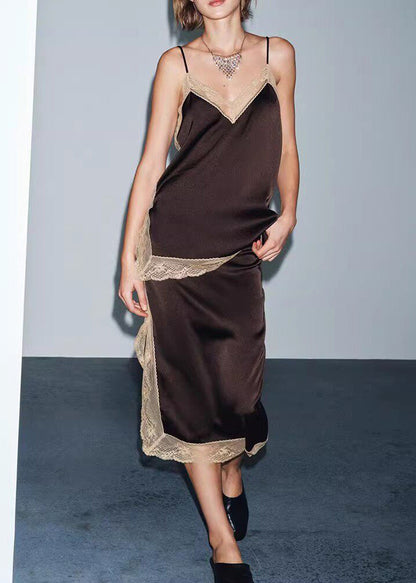 Chic Brown Lace Patchwork Silk Two Pieces Set Summer