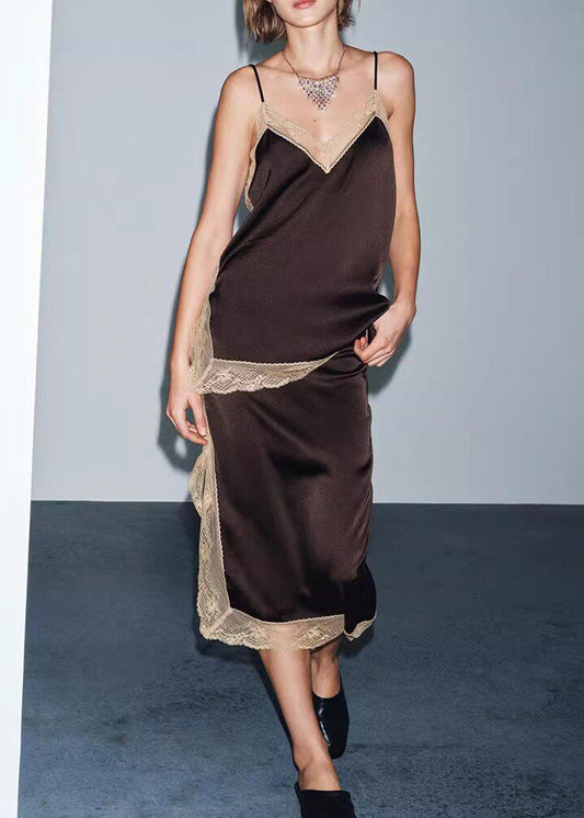 Chic Brown Lace Patchwork Silk Two Pieces Set Summer