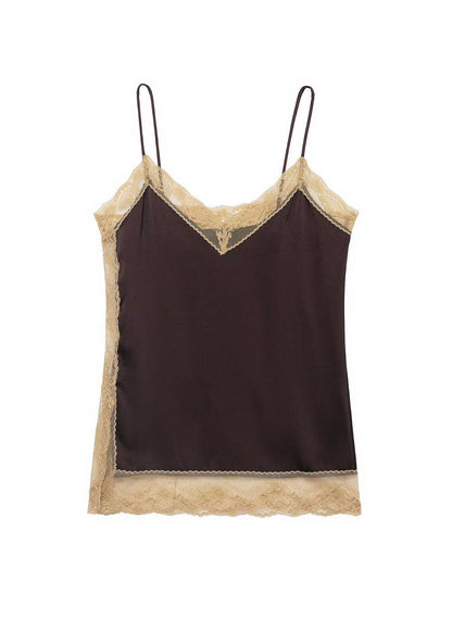 Chic Brown Lace Patchwork Silk Two Pieces Set Summer