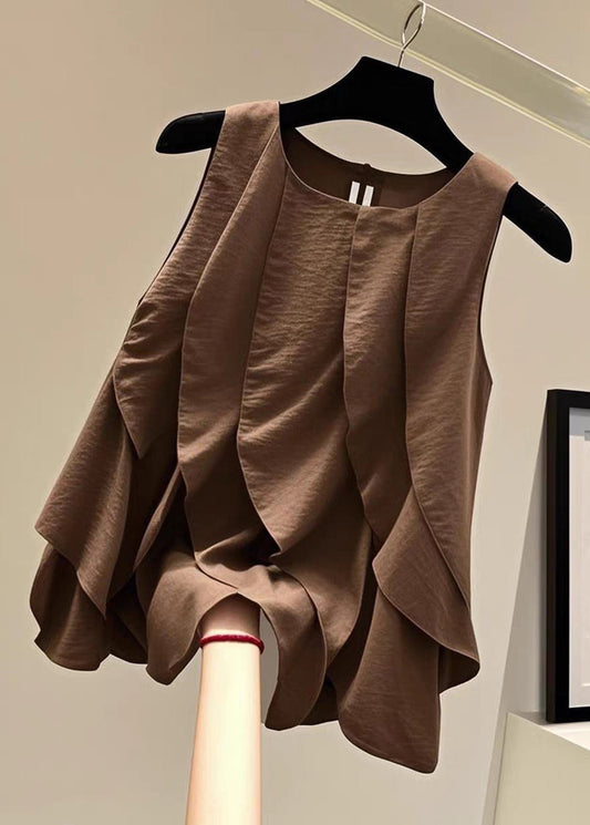 Chic Brown O-Neck Ruffled Patchwork T Shirts Summer