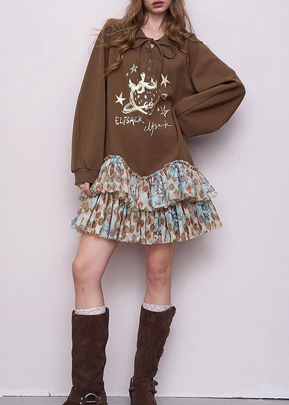 Schickes braunes Oversize-Sweatshirtkleid aus Patchwork-Baumwolle, Frühlingskleid