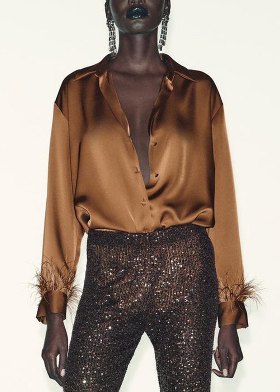 Chic Brown Peter Pan Collar Feather Patchwork Silk Top Long Sleeve